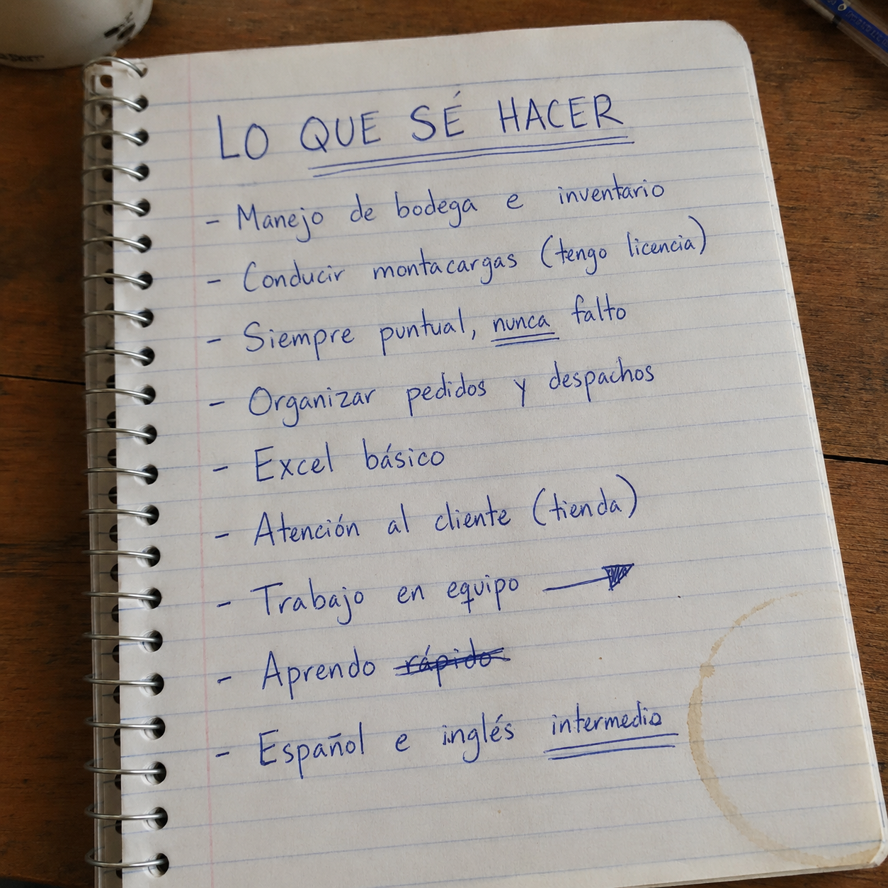 Foto de los apuntes a mano de Diego, en español